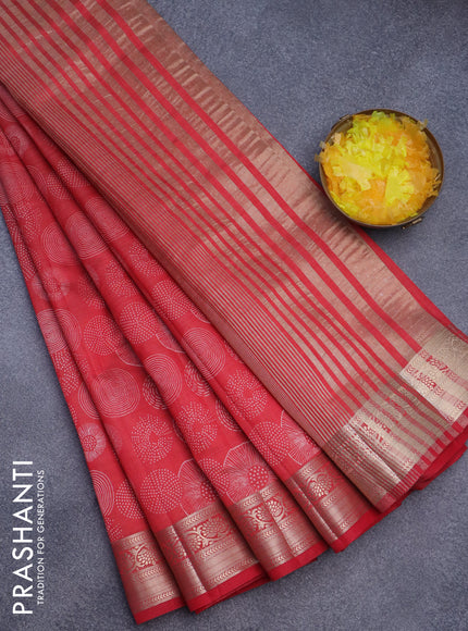 Semi raw silk saree red with allover prints and zari woven border