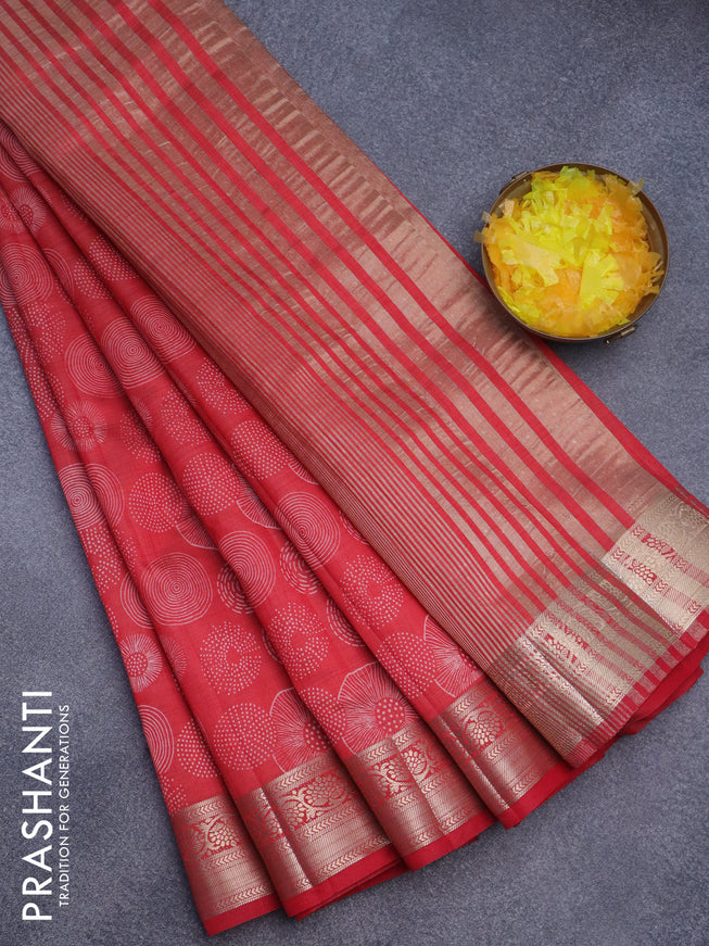 Semi raw silk saree red with allover prints and zari woven border