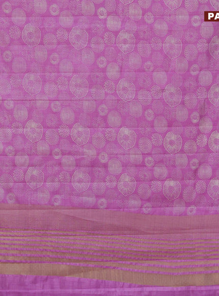 Semi raw silk saree lavender shade with allover prints and zari woven border