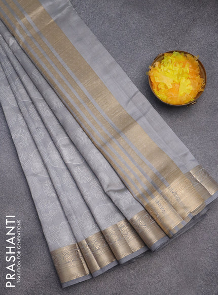 Semi raw silk saree grey with allover prints and zari woven border