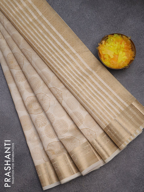 Semi raw silk saree cream with allover prints and zari woven border