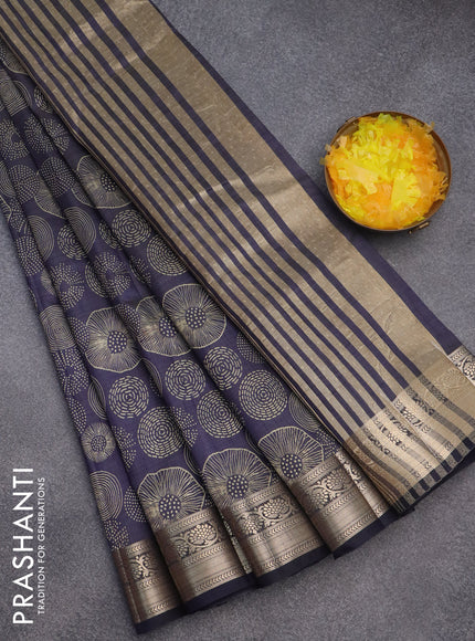 Semi raw silk saree navy blue with allover prints and zari woven border