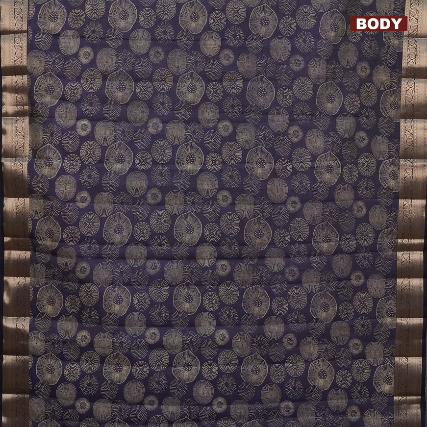 Semi raw silk saree navy blue with allover prints and zari woven border