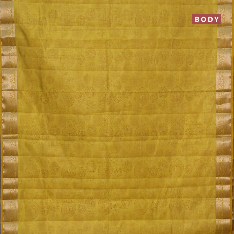 Semi raw silk saree yellow with allover prints and zari woven border