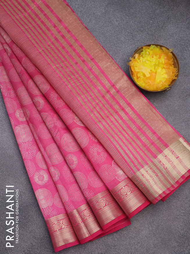 Semi raw silk saree pink with allover prints and zari woven border