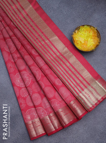 Semi raw silk saree pink with allover prints and zari woven border