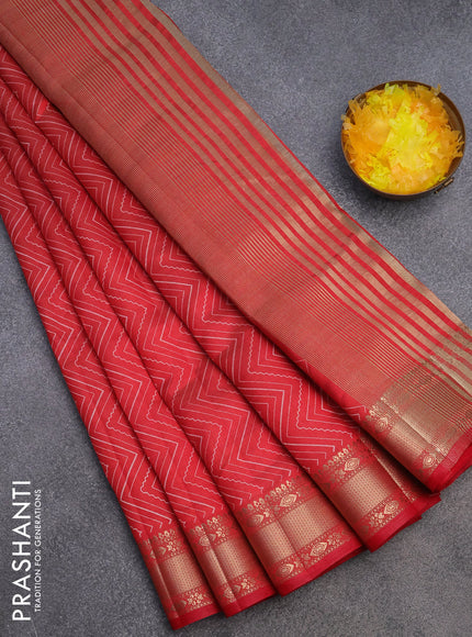 Semi raw silk saree red with allover zig zag prints and zari woven border