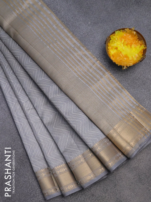 Semi raw silk saree grey with allover zig zag prints and zari woven border