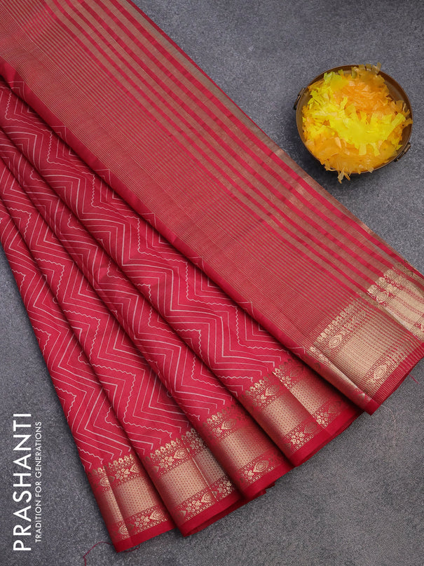 Semi raw silk saree pink with allover zig zag prints and zari woven border