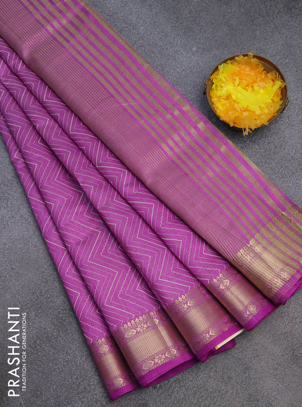 Semi raw silk saree purple with allover zig zag prints and zari woven border