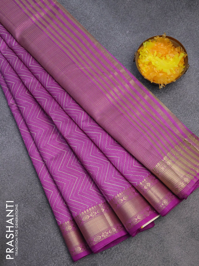 Semi raw silk saree purple with allover zig zag prints and zari woven border