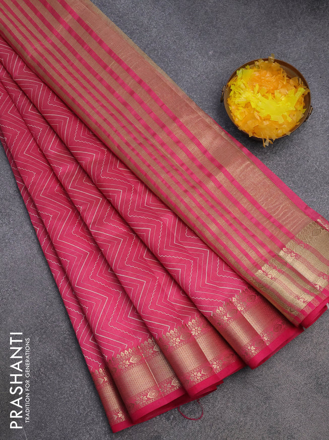 Semi raw silk saree pink with allover zig zag prints and zari woven border