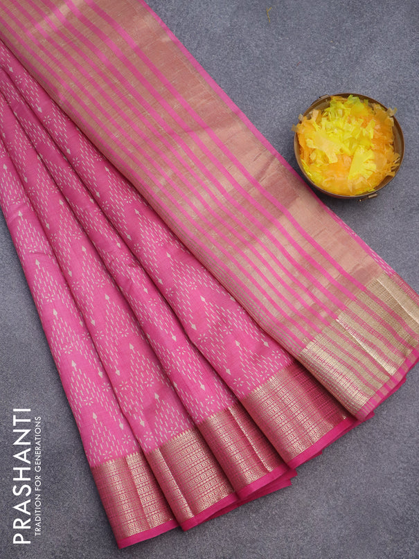 Semi raw silk saree pink with allover prints and zari woven border