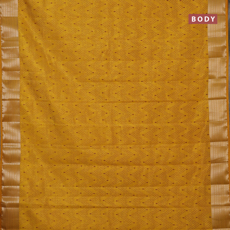 Semi raw silk saree mustard yellow with allover prints and zari woven border