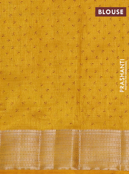 Semi raw silk saree mustard yellow with allover prints and zari woven border