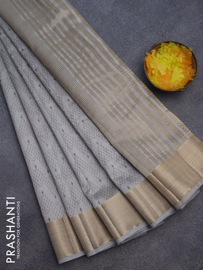 Semi raw silk saree grey with allover prints and zari woven border