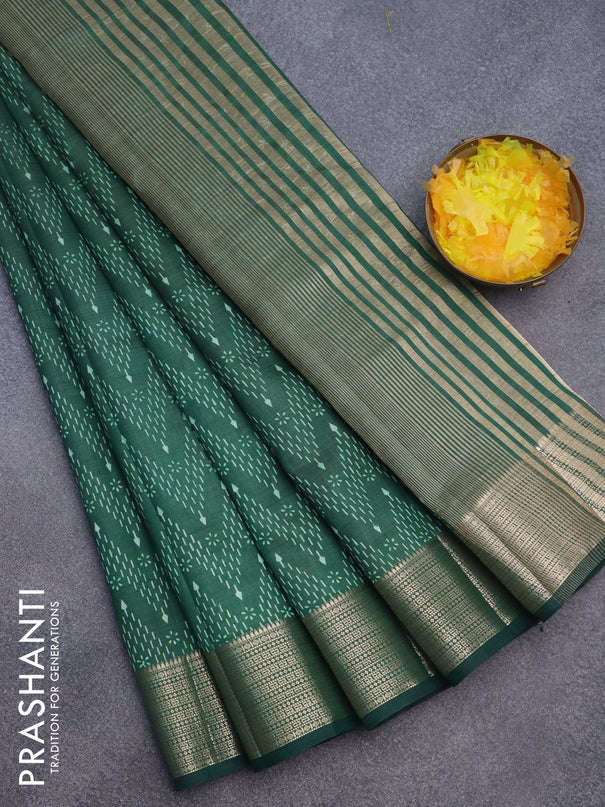 Semi raw silk saree green with allover prints and zari woven border