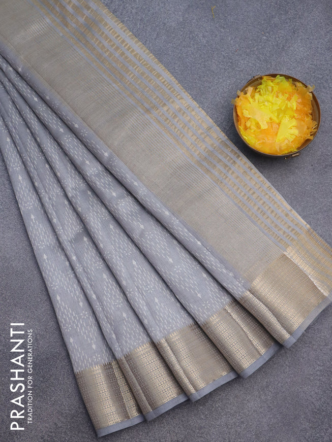 Semi raw silk saree grey with allover prints and zari woven border