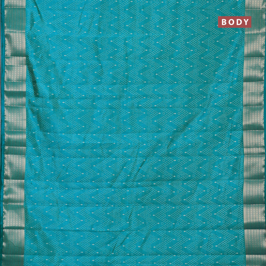 Semi raw silk saree teal blue with allover prints and zari woven border