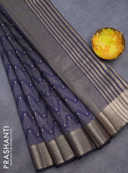 Semi raw silk saree navy blue with allover prints and zari woven border