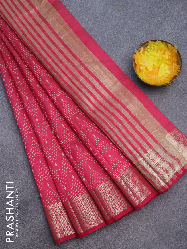 Semi raw silk saree pink with allover prints and zari woven border