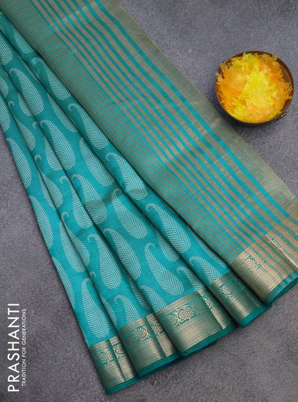 Semi raw silk saree teal blue with paisley butta prints and zari woven border