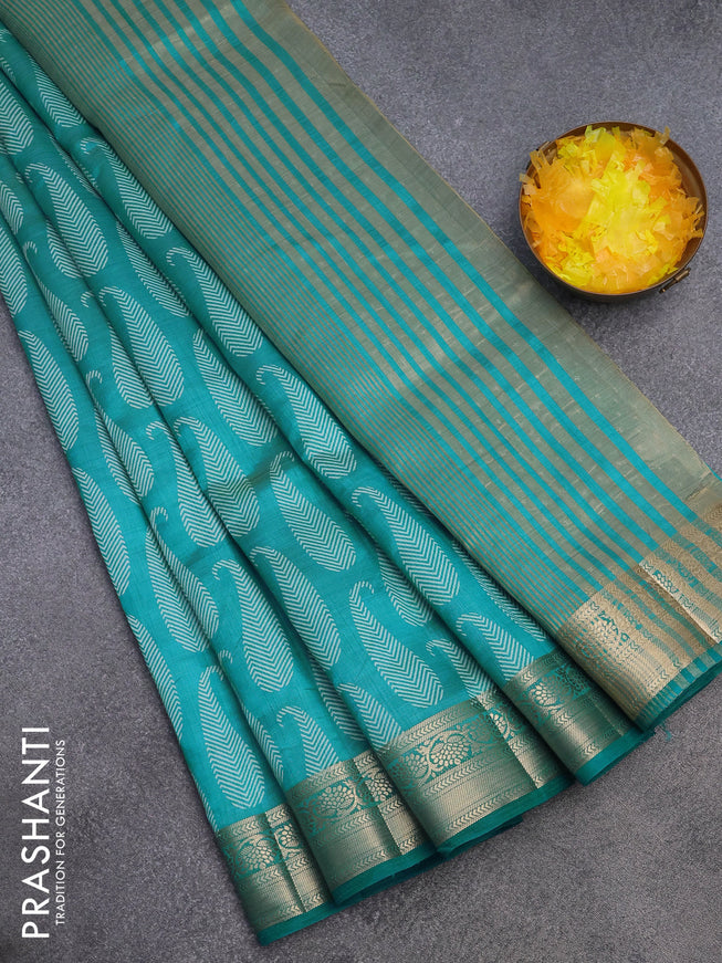 Semi raw silk saree teal blue with paisley butta prints and zari woven border