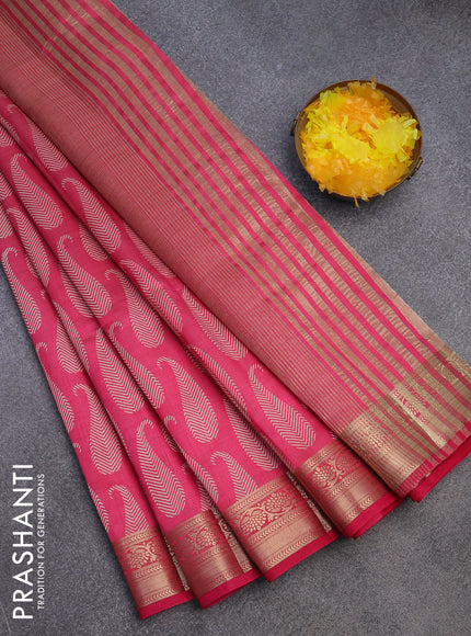 Semi raw silk saree pink with paisley butta prints and zari woven border