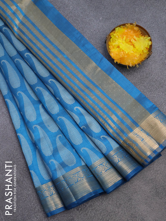 Semi raw silk saree cs blue with paisley butta prints and zari woven border