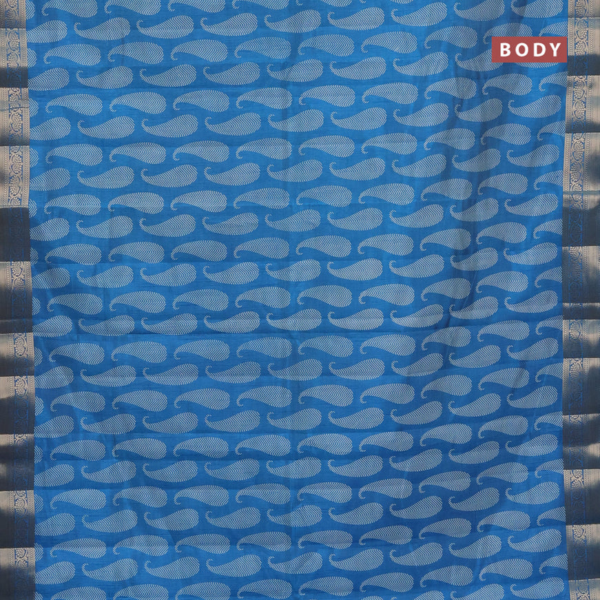 Semi raw silk saree cs blue with paisley butta prints and zari woven border