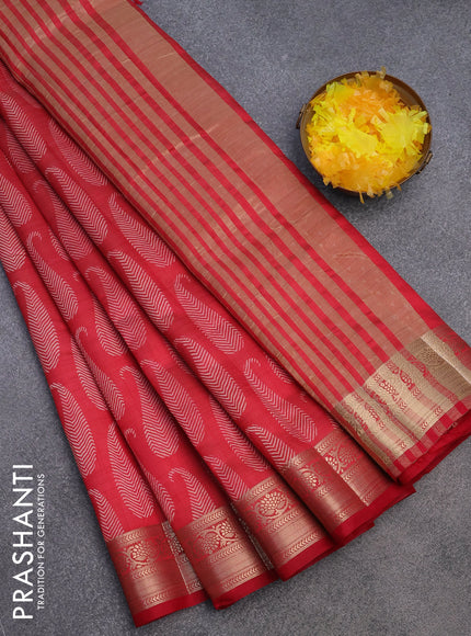 Semi raw silk saree red with paisley butta prints and zari woven border