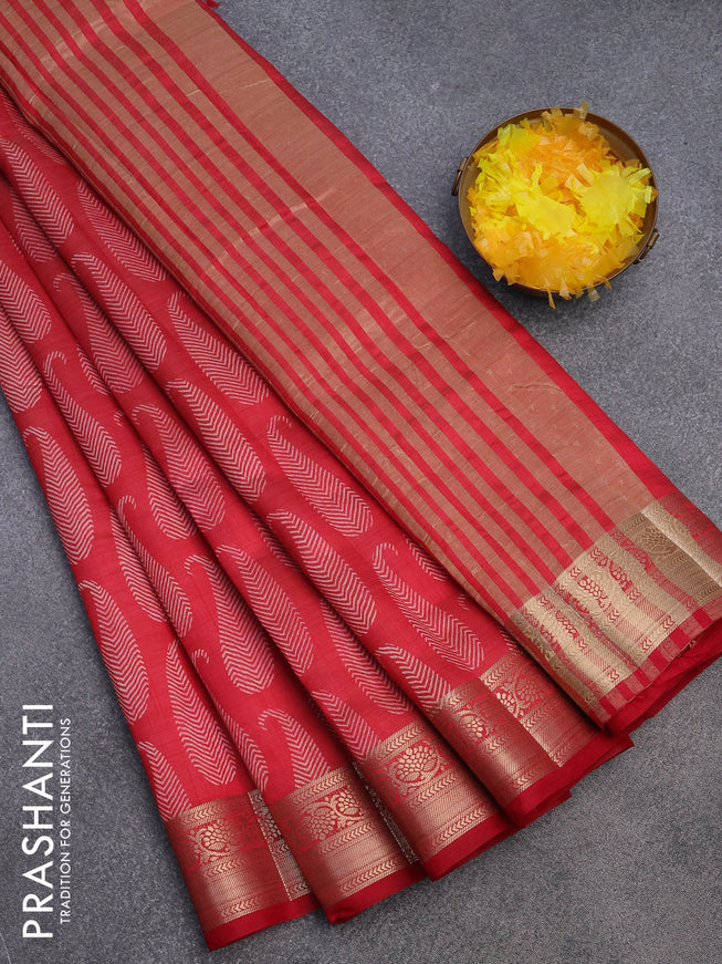 Semi raw silk saree red with paisley butta prints and zari woven border