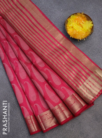 Semi raw silk saree dark pink with paisley butta prints and zari woven border