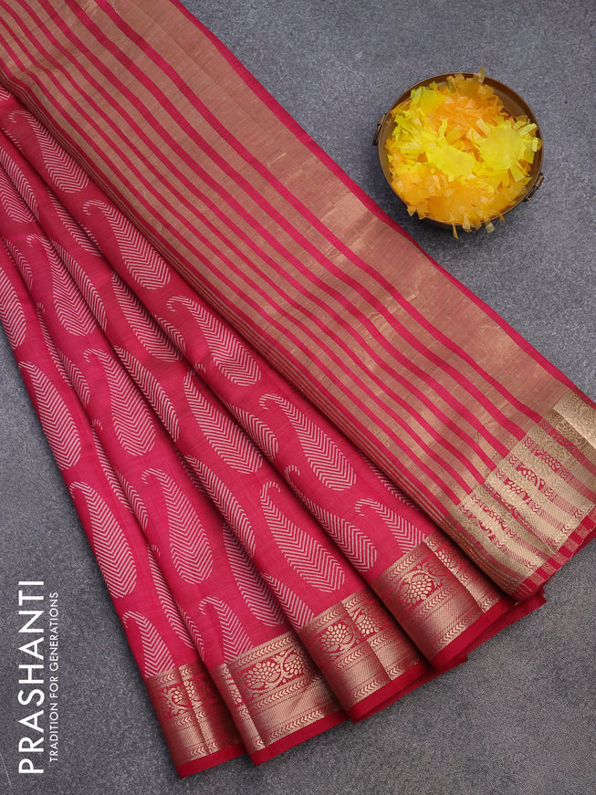 Semi raw silk saree dark pink with paisley butta prints and zari woven border