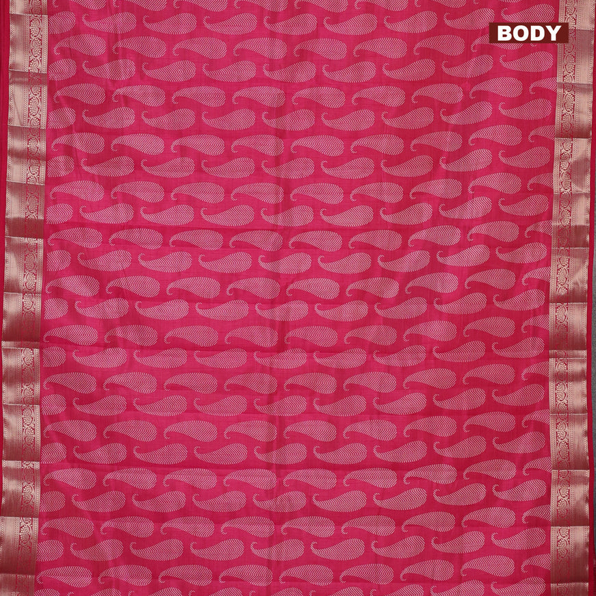 Semi raw silk saree dark pink with paisley butta prints and zari woven border