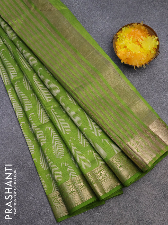 Semi raw silk saree light green with paisley butta prints and zari woven border