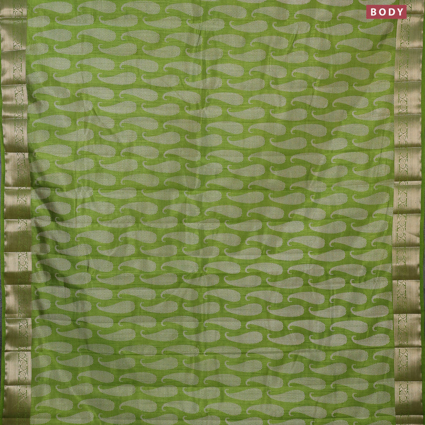 Semi raw silk saree light green with paisley butta prints and zari woven border