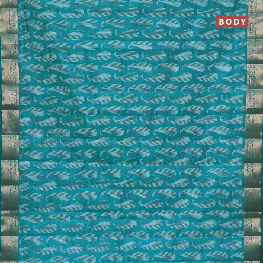 Semi raw silk saree teal blue with paisley butta prints and zari woven border