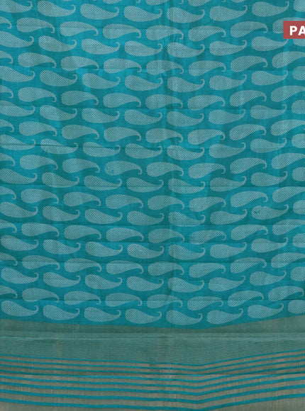 Semi raw silk saree teal blue with paisley butta prints and zari woven border