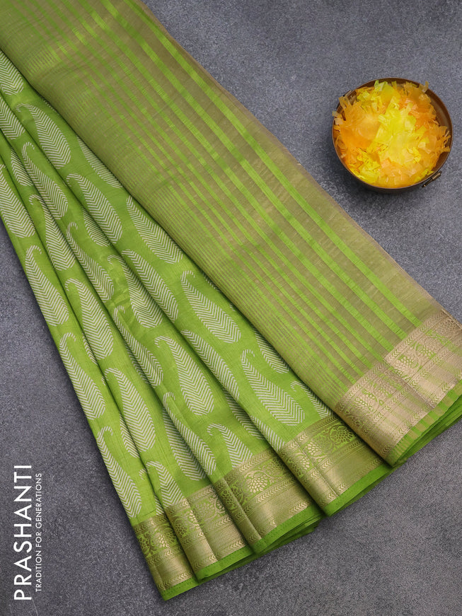 Semi raw silk saree light green with paisley butta prints and zari woven border