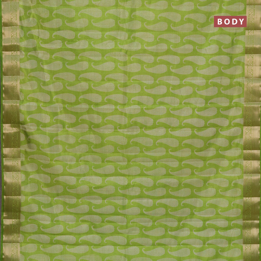 Semi raw silk saree light green with paisley butta prints and zari woven border