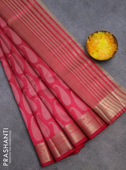 Semi raw silk saree dark pink with paisley butta prints and zari woven border