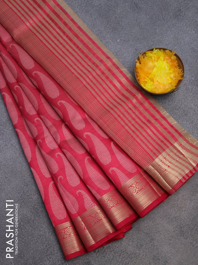 Semi raw silk saree dark pink with paisley butta prints and zari woven border