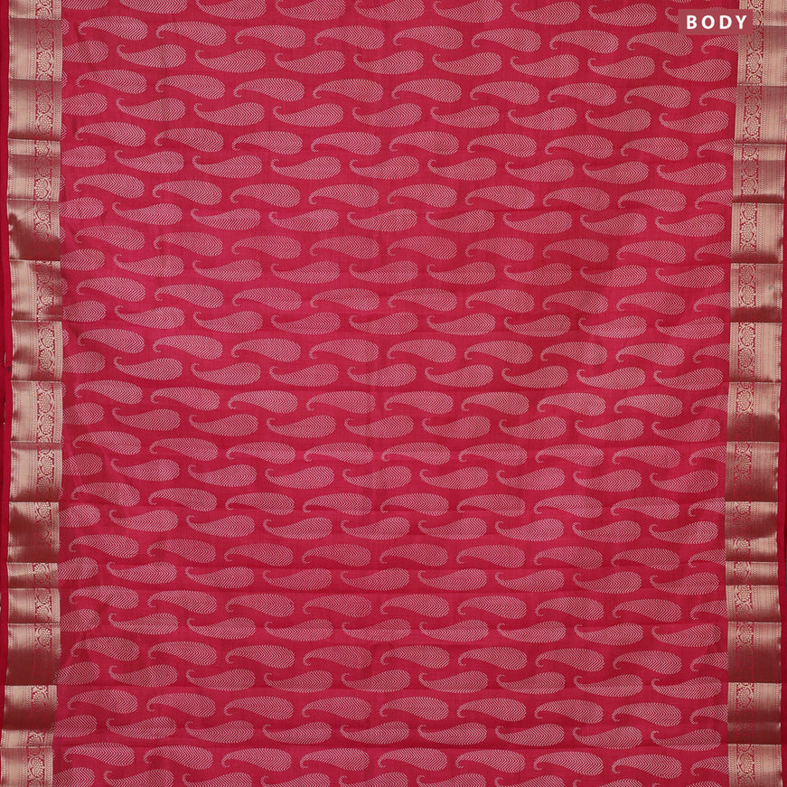 Semi raw silk saree dark pink with paisley butta prints and zari woven border