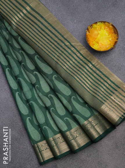 Semi raw silk saree bottle green with paisley butta prints and zari woven border