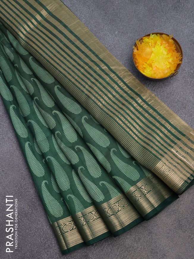 Semi raw silk saree bottle green with paisley butta prints and zari woven border