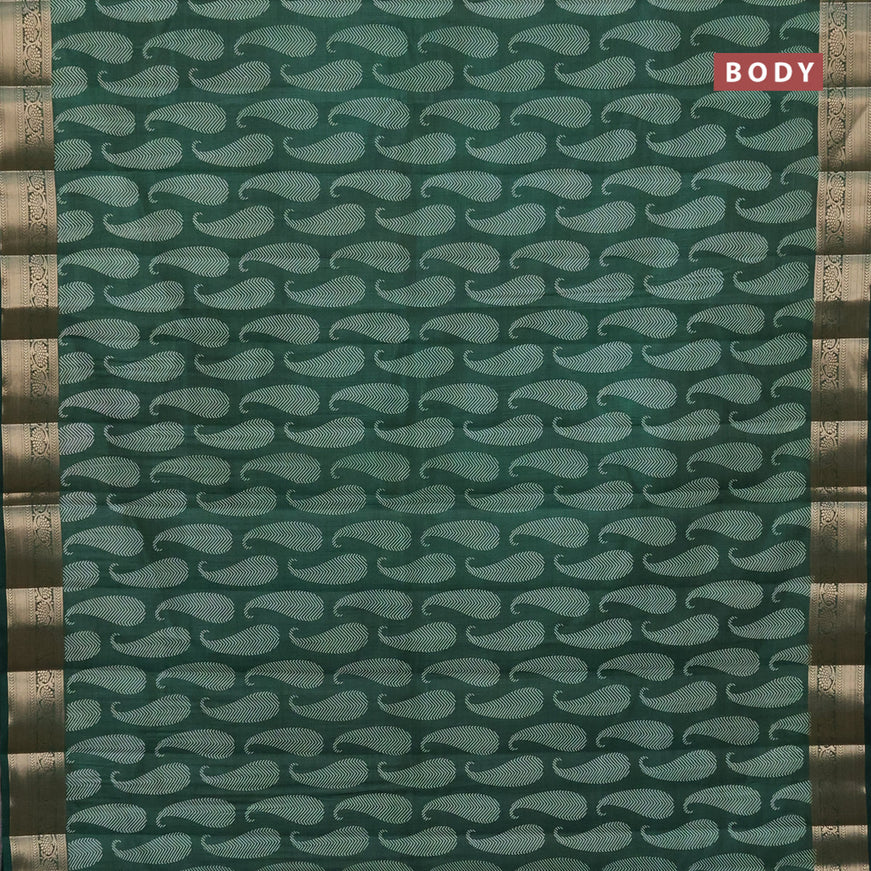 Semi raw silk saree bottle green with paisley butta prints and zari woven border