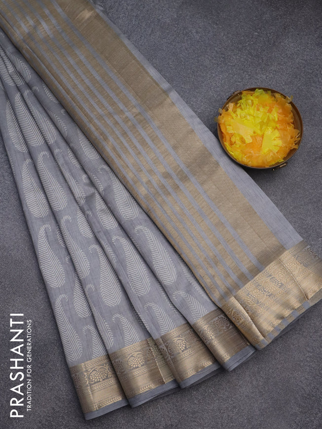 Semi raw silk saree grey with paisley butta prints and zari woven border