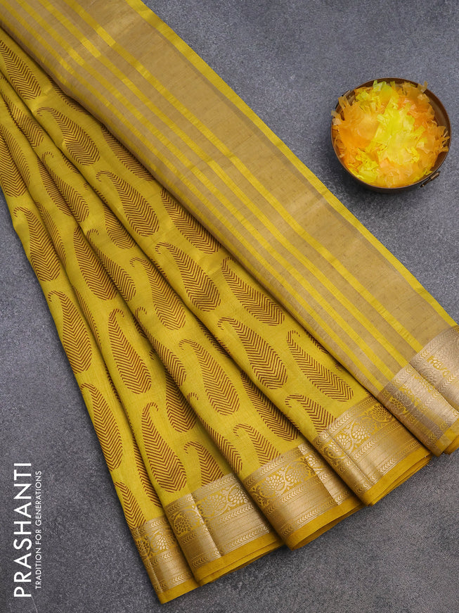 Semi raw silk saree mustard yellow with paisley butta prints and zari woven border