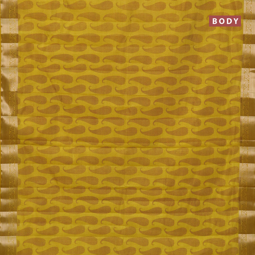 Semi raw silk saree mustard yellow with paisley butta prints and zari woven border